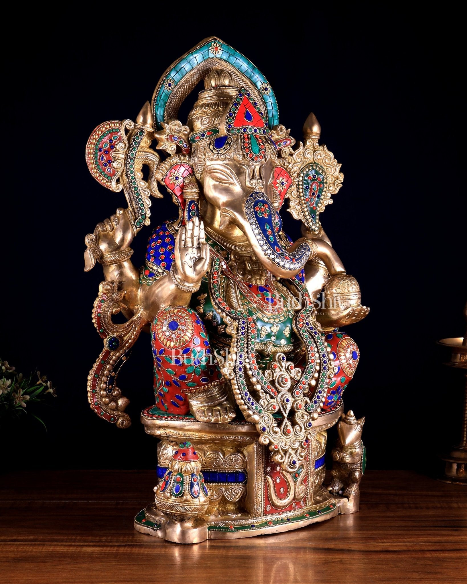 Superfine Handcrafted Brass Ganesha Statue 23 inch floral stonework - Budhshiv.com