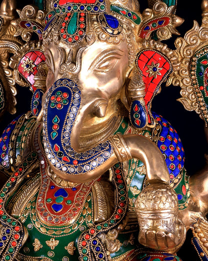Superfine Handcrafted Brass Ganesha Statue 23 inch floral stonework - Budhshiv.com