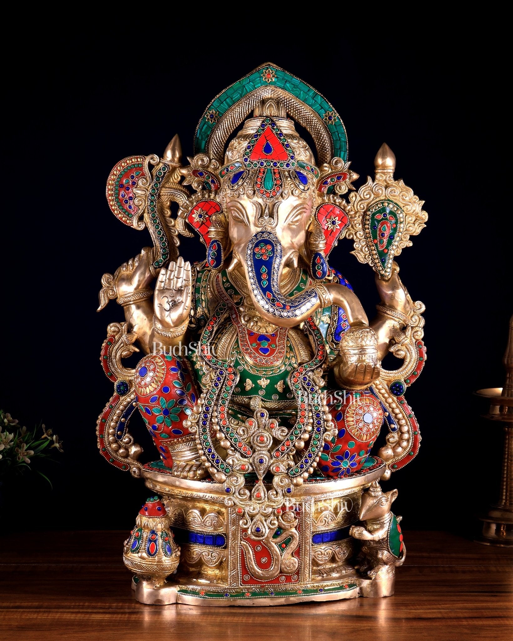 Superfine Handcrafted Brass Ganesha Statue 23 inch floral stonework - Budhshiv.com