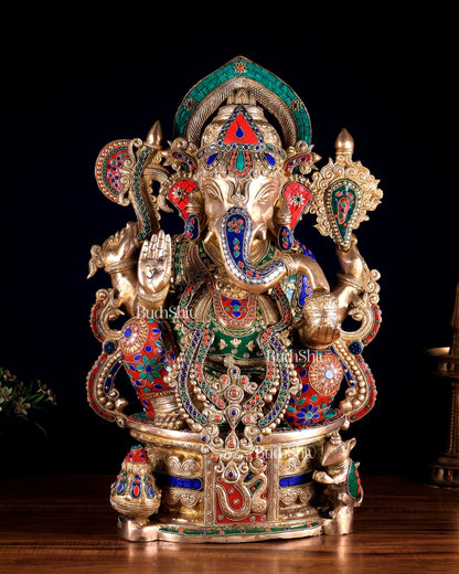 Superfine Handcrafted Brass Ganesha Statue 23 inch floral stonework - Budhshiv.com