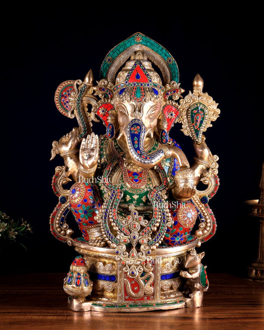 Superfine Handcrafted Brass Ganesha Statue 23 inch floral stonework - Budhshiv.com