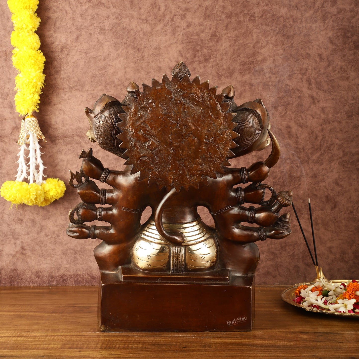 Superfine Handcrafted Brass Panchmukhi Hanuman Idol - Dual Tone Copper Gold - 17" - Budhshiv.com