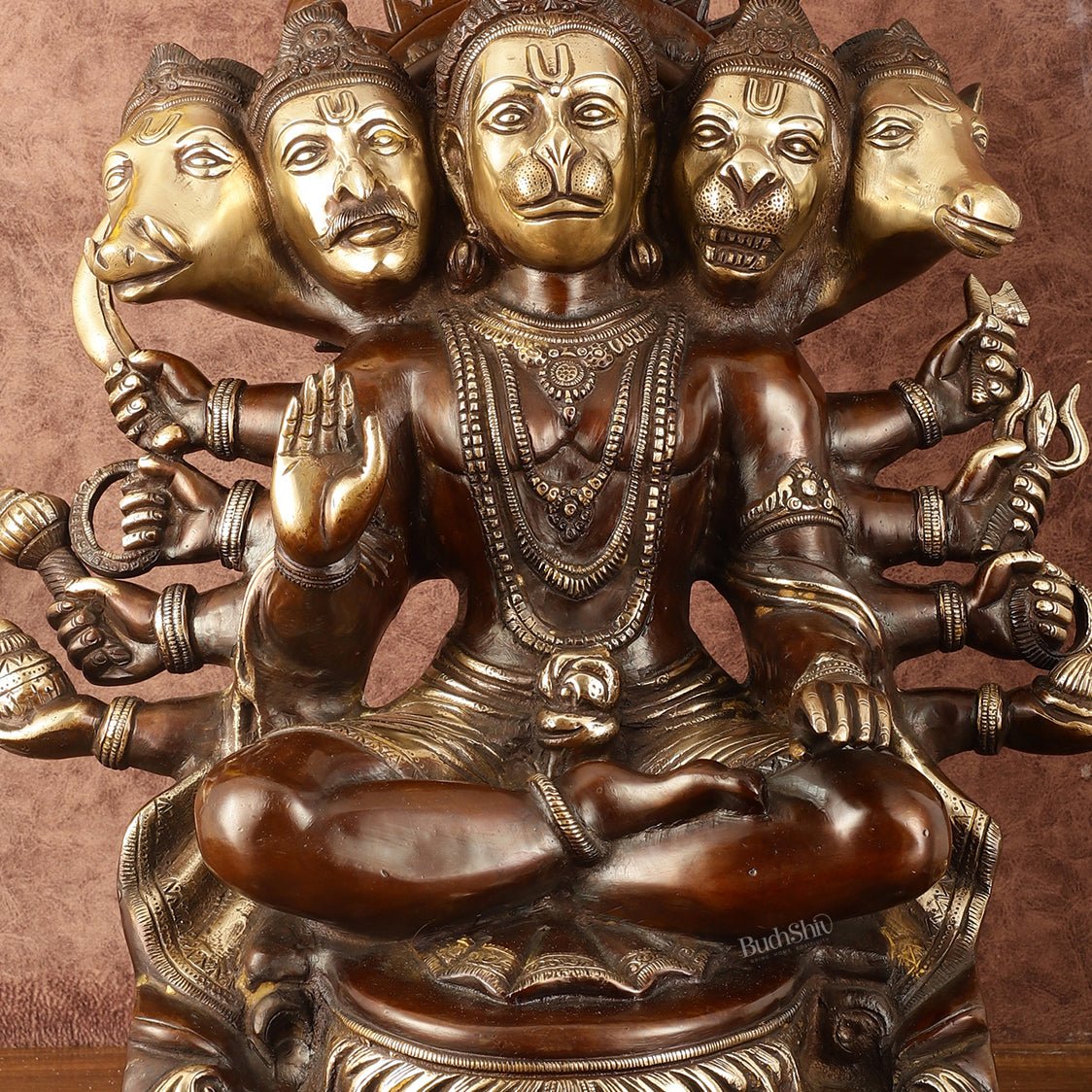 Superfine Handcrafted Brass Panchmukhi Hanuman Idol - Dual Tone Copper Gold - 17" - Budhshiv.com
