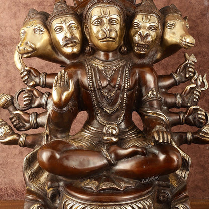 Superfine Handcrafted Brass Panchmukhi Hanuman Idol - Dual Tone Copper Gold - 17" - Budhshiv.com