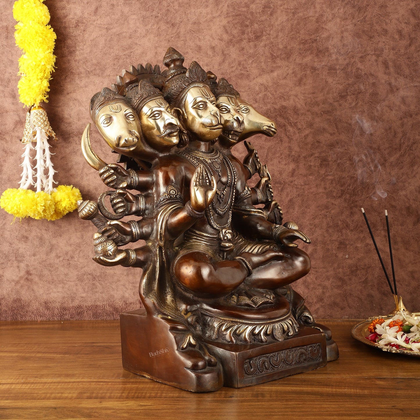 Superfine Handcrafted Brass Panchmukhi Hanuman Idol - Dual Tone Copper Gold - 17" - Budhshiv.com