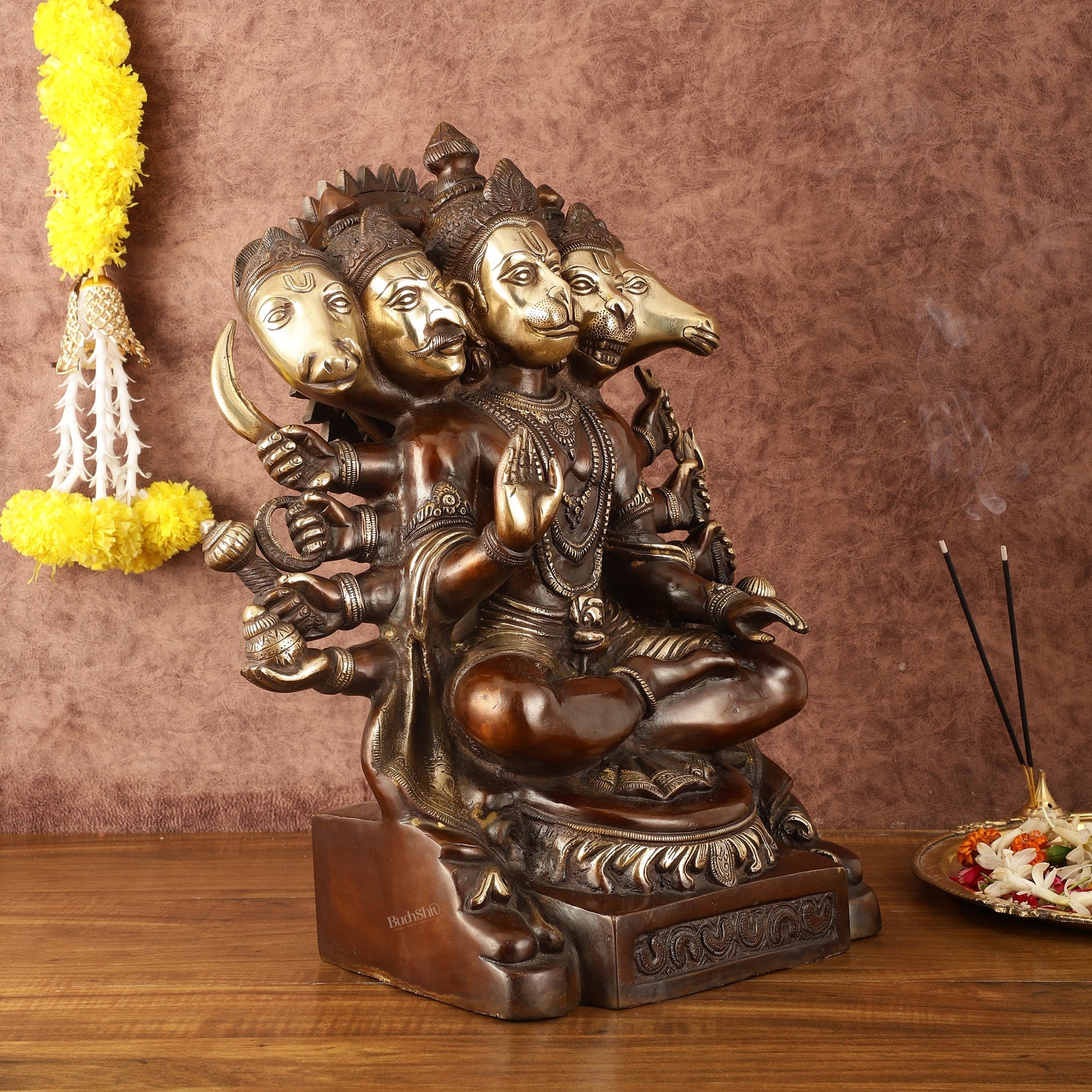 Superfine Handcrafted Brass Panchmukhi Hanuman Idol - Dual Tone Copper Gold - 17" - Budhshiv.com