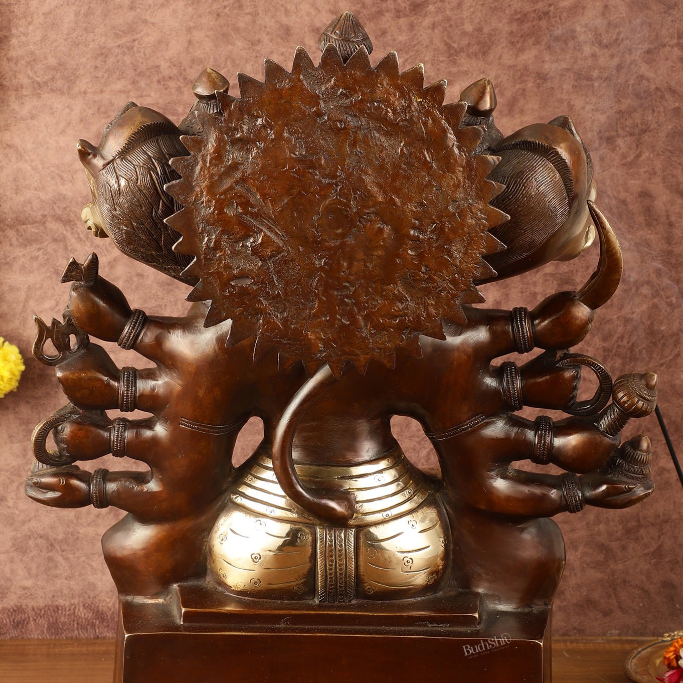 Superfine Handcrafted Brass Panchmukhi Hanuman Idol - Dual Tone Copper Gold - 17" - Budhshiv.com