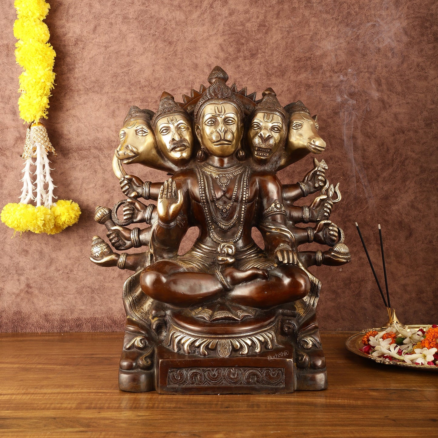 Superfine Handcrafted Brass Panchmukhi Hanuman Idol - Dual Tone Copper Gold - 17" - Budhshiv.com