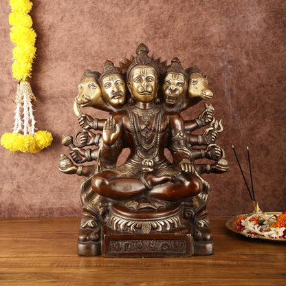 Superfine Handcrafted Brass Panchmukhi Hanuman Idol - Dual Tone Copper Gold - 17" - Budhshiv.com