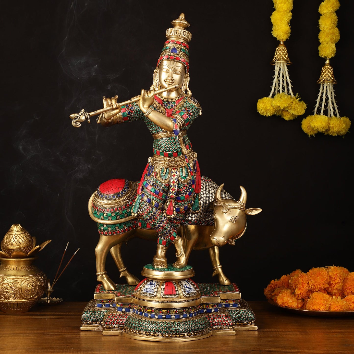 Superfine Krishna with Cow Sculpture - 25.5" Height, Meenakari Stonework - Budhshiv.com