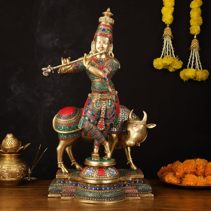 Superfine Krishna with Cow Sculpture - 25.5" Height, Meenakari Stonework - Budhshiv.com