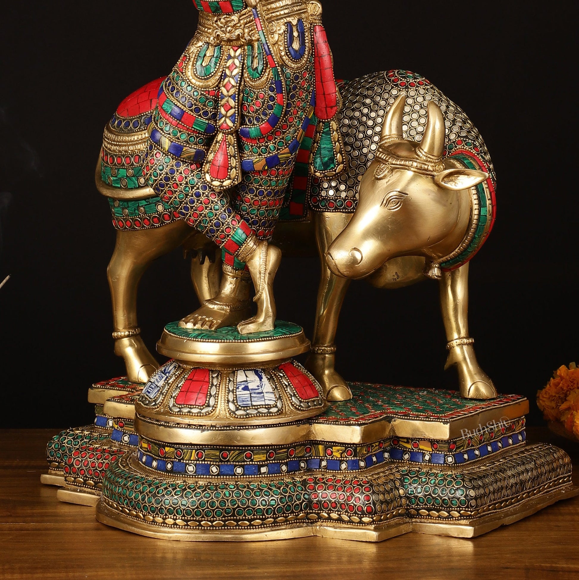 Superfine Krishna with Cow Sculpture - 25.5" Height, Meenakari Stonework - Budhshiv.com