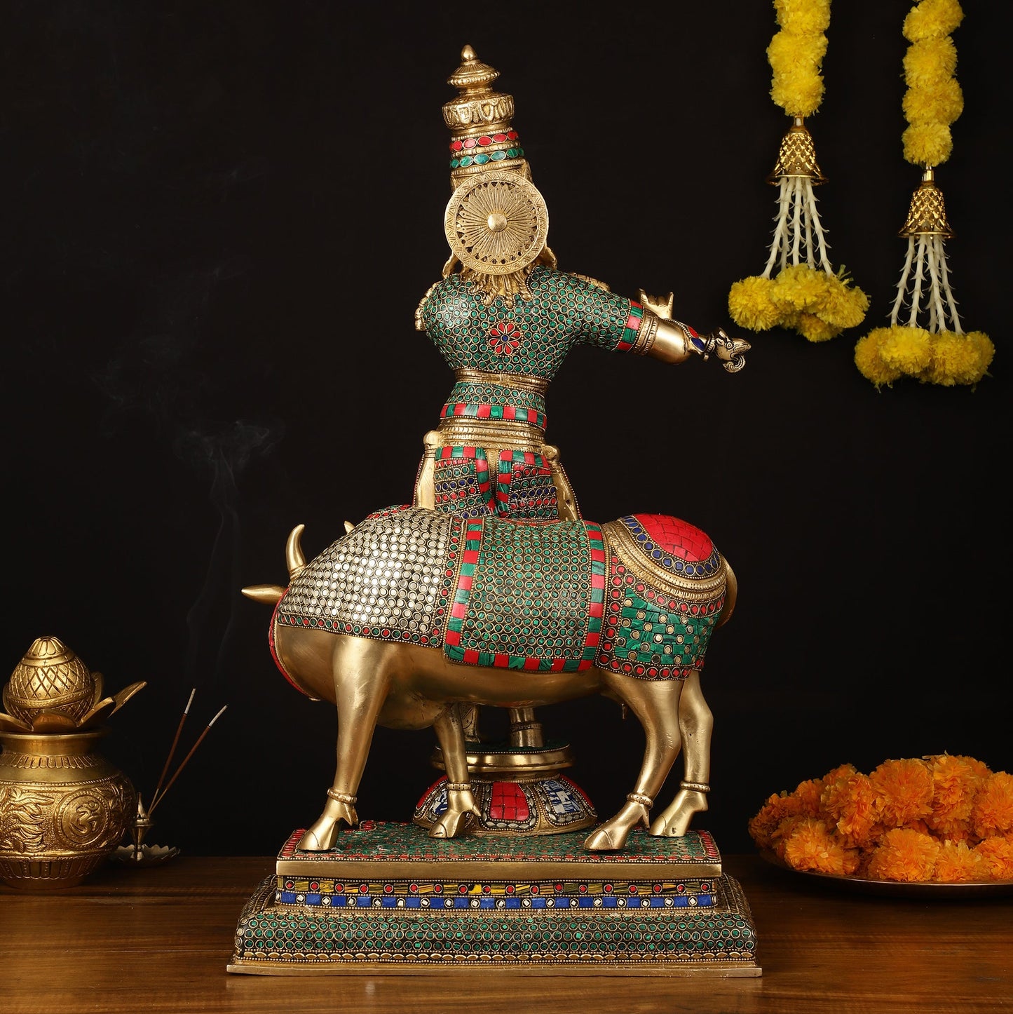 Superfine Krishna with Cow Sculpture - 25.5" Height, Meenakari Stonework - Budhshiv.com