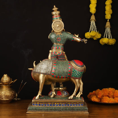 Superfine Krishna with Cow Sculpture - 25.5" Height, Meenakari Stonework - Budhshiv.com