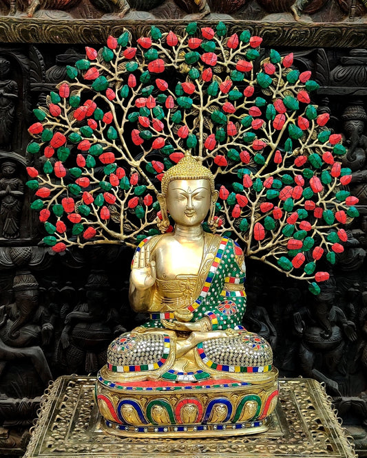 Superfine Pure Brass Buddha Statue with Kalpavriksha - 25.5 Inch - Budhshiv.com