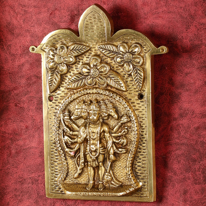 Superfine Standing Panchmukhi Hanuman Brass Wall Hanging - 9 - inch - Budhshiv.com