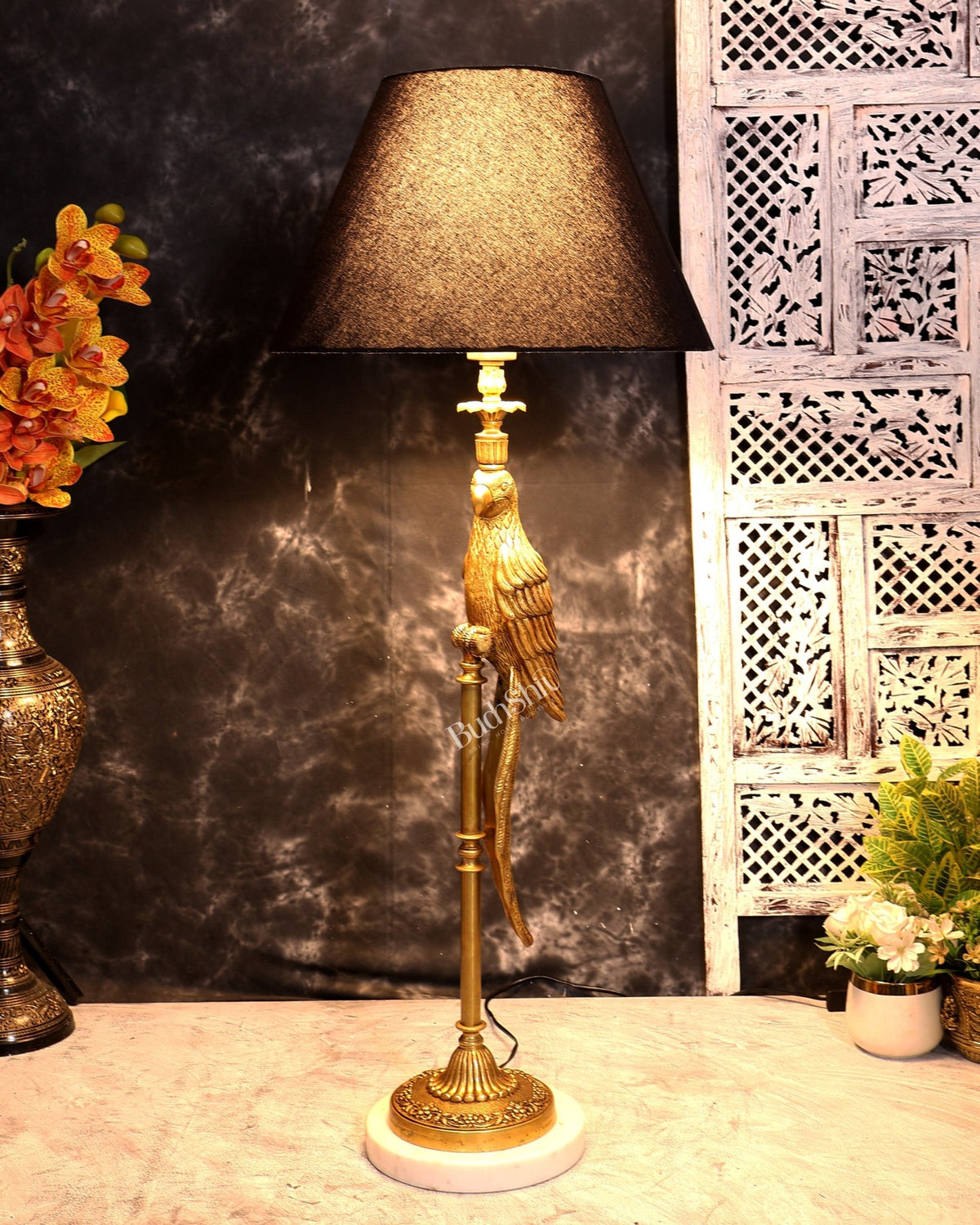 Suvarna Shuka — Designer Brass Parrot Table Lamp with Black Shade & Marble Base - Budhshiv.com
