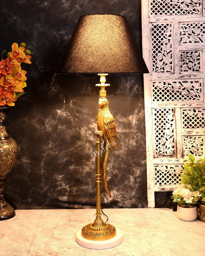 Suvarna Shuka — Designer Brass Parrot Table Lamp with Black Shade & Marble Base - Budhshiv.com