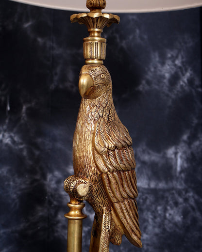 Suvarna Shuka — Designer Brass Parrot Table Lamp with White Shade & Marble Base - Budhshiv.com