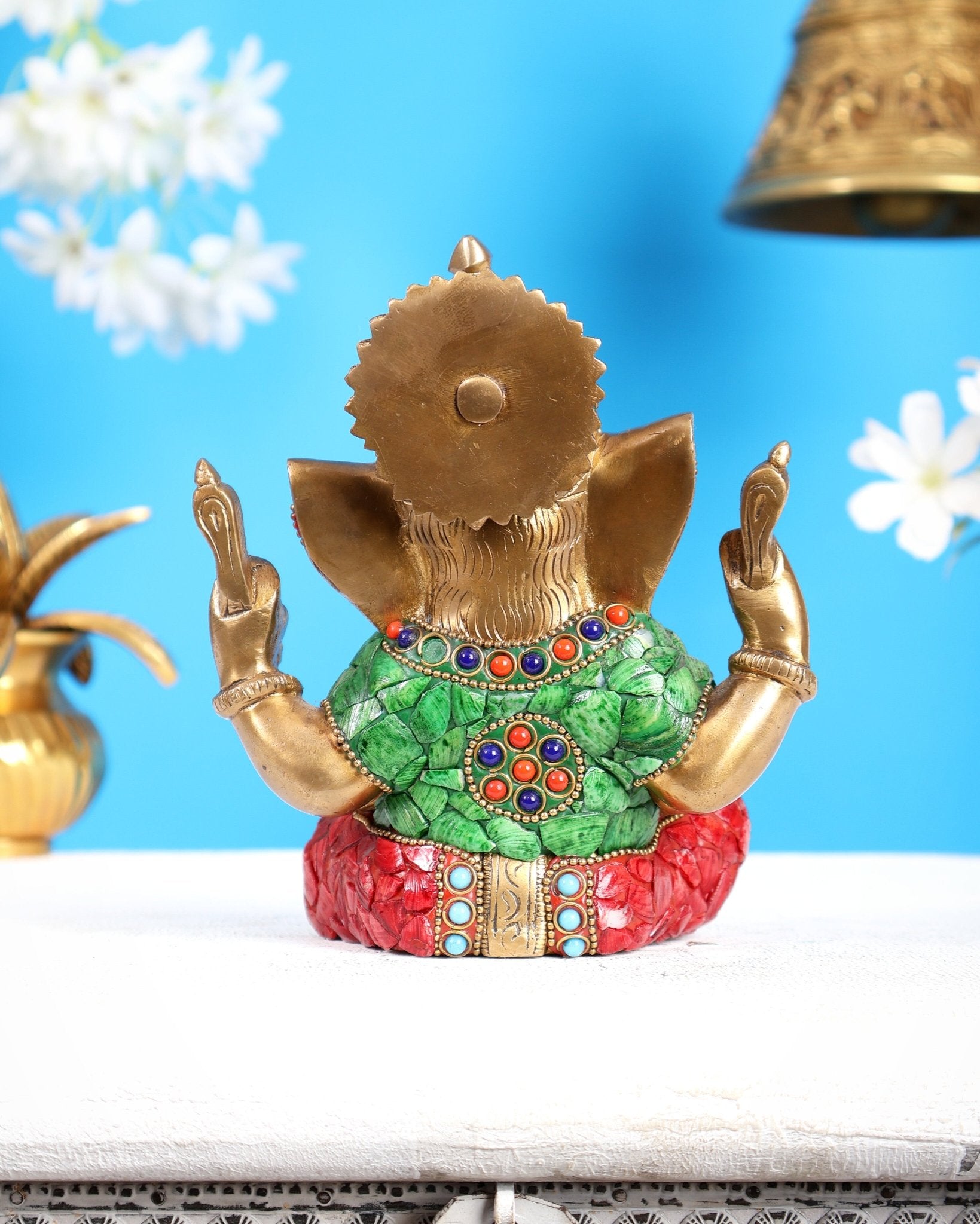 Taj Ganesha brass idol with meenakari stonework 6" - Budhshiv.com
