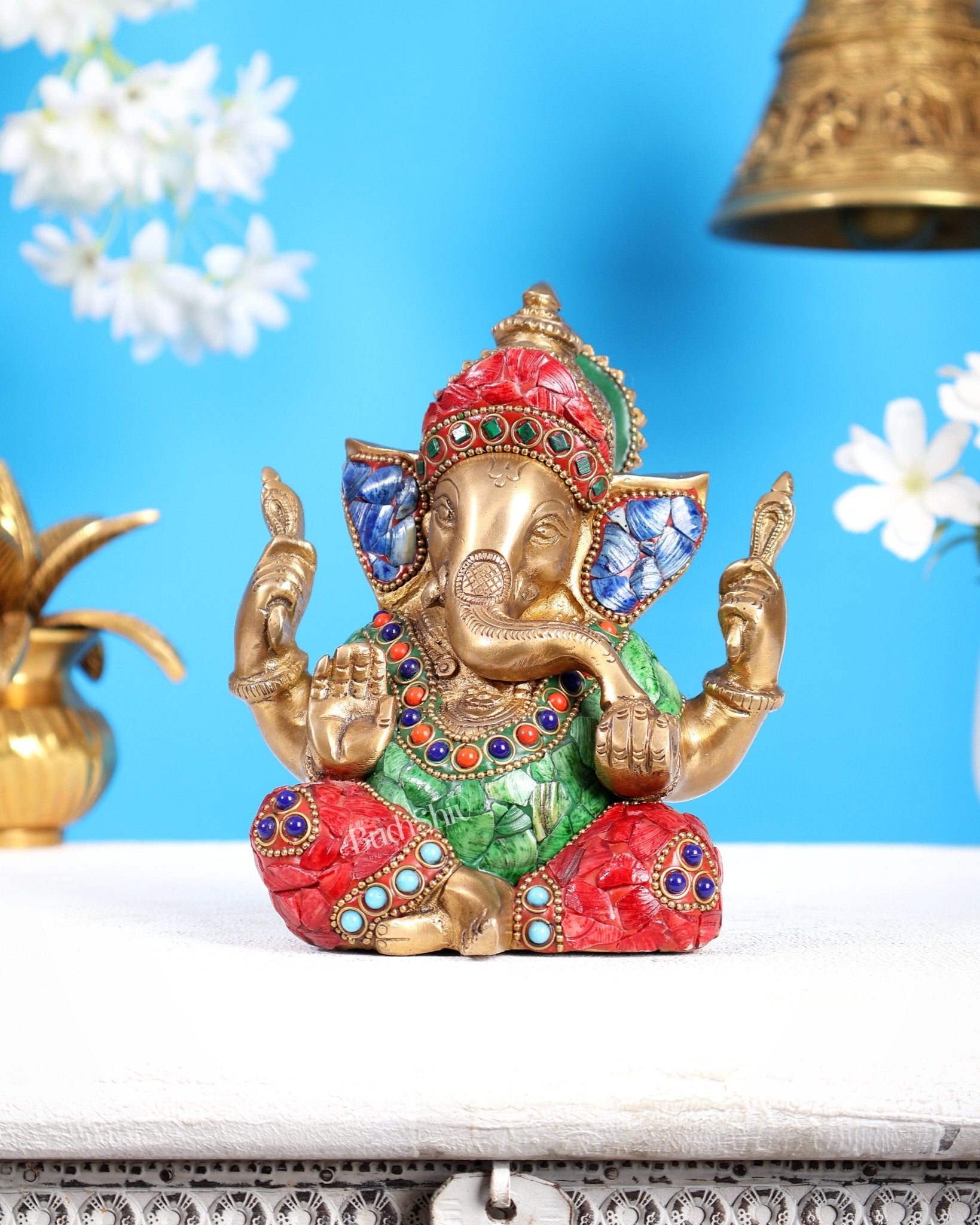 Taj Ganesha brass idol with meenakari stonework 6" - Budhshiv.com