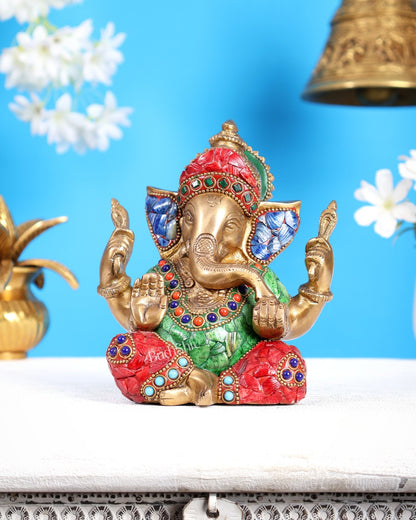 Taj Ganesha brass idol with meenakari stonework 6" - Budhshiv.com