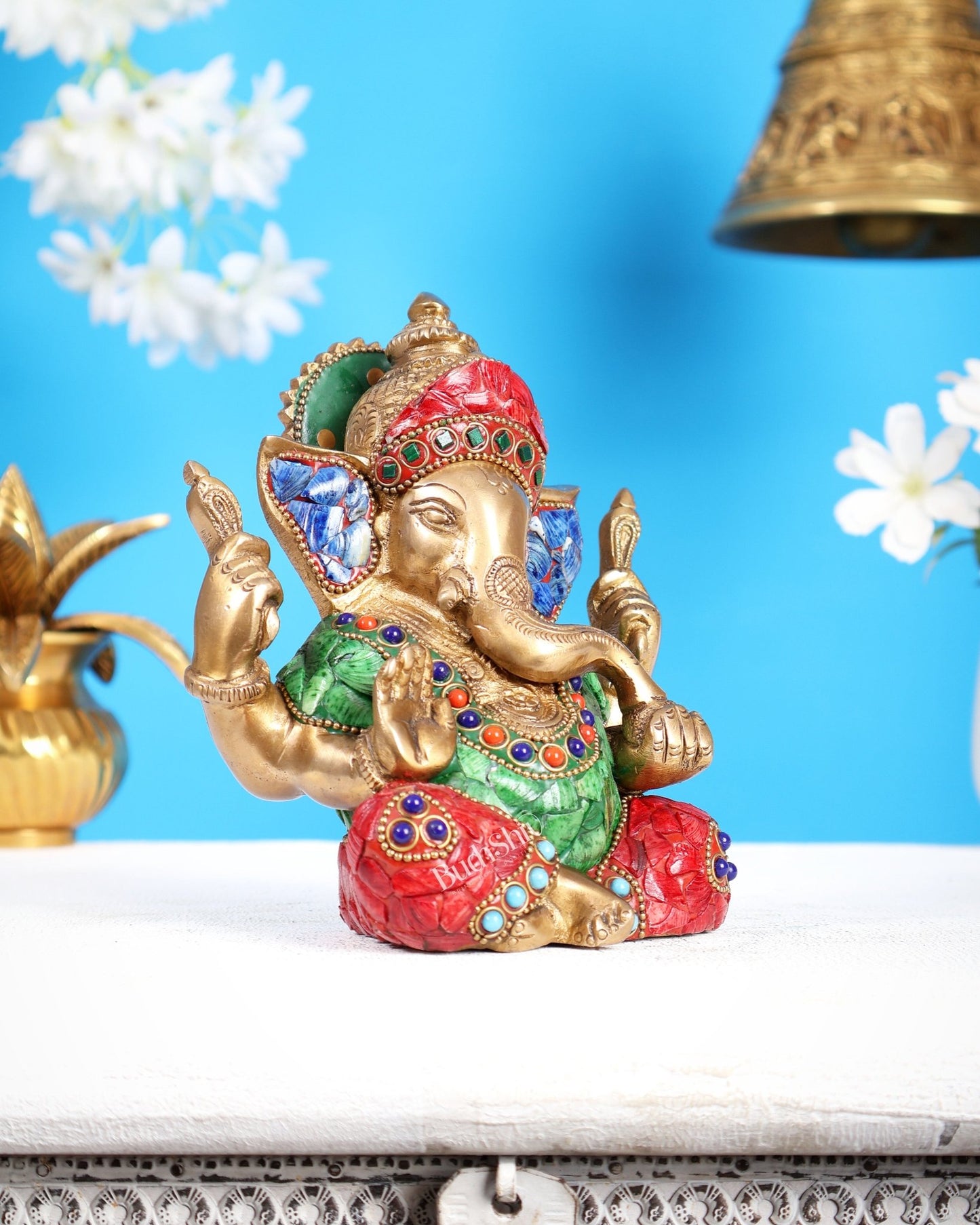 Taj Ganesha brass idol with meenakari stonework 6" - Budhshiv.com