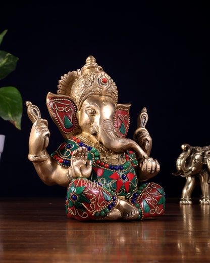 Taj Ganesha Brass Sculpture with floral stonework 6" - Budhshiv.com