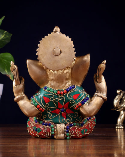 Taj Ganesha Brass Sculpture with floral stonework 6" - Budhshiv.com