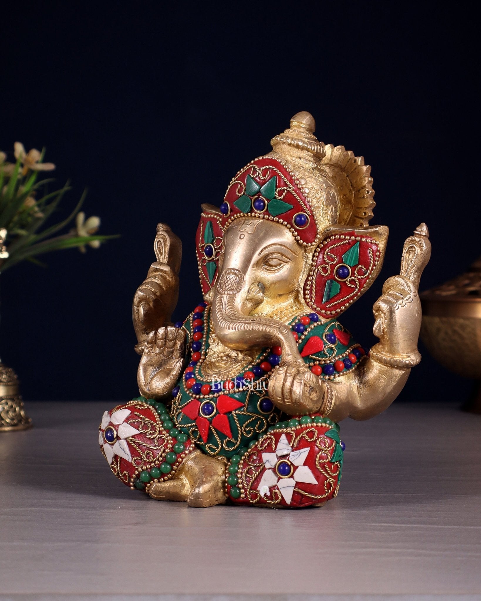 Taj Ganesha Brass Sculpture with floral stonework 6" - Budhshiv.com