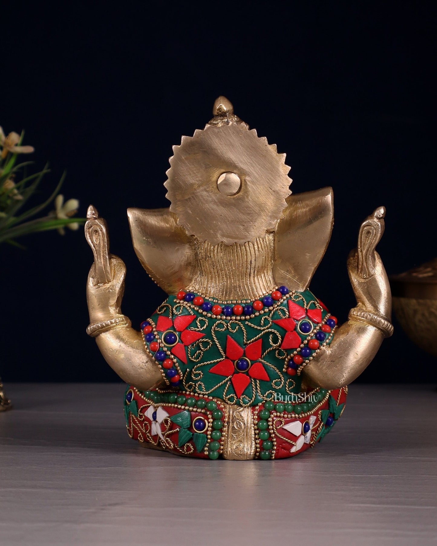 Taj Ganesha Brass Sculpture with floral stonework 6" - Budhshiv.com