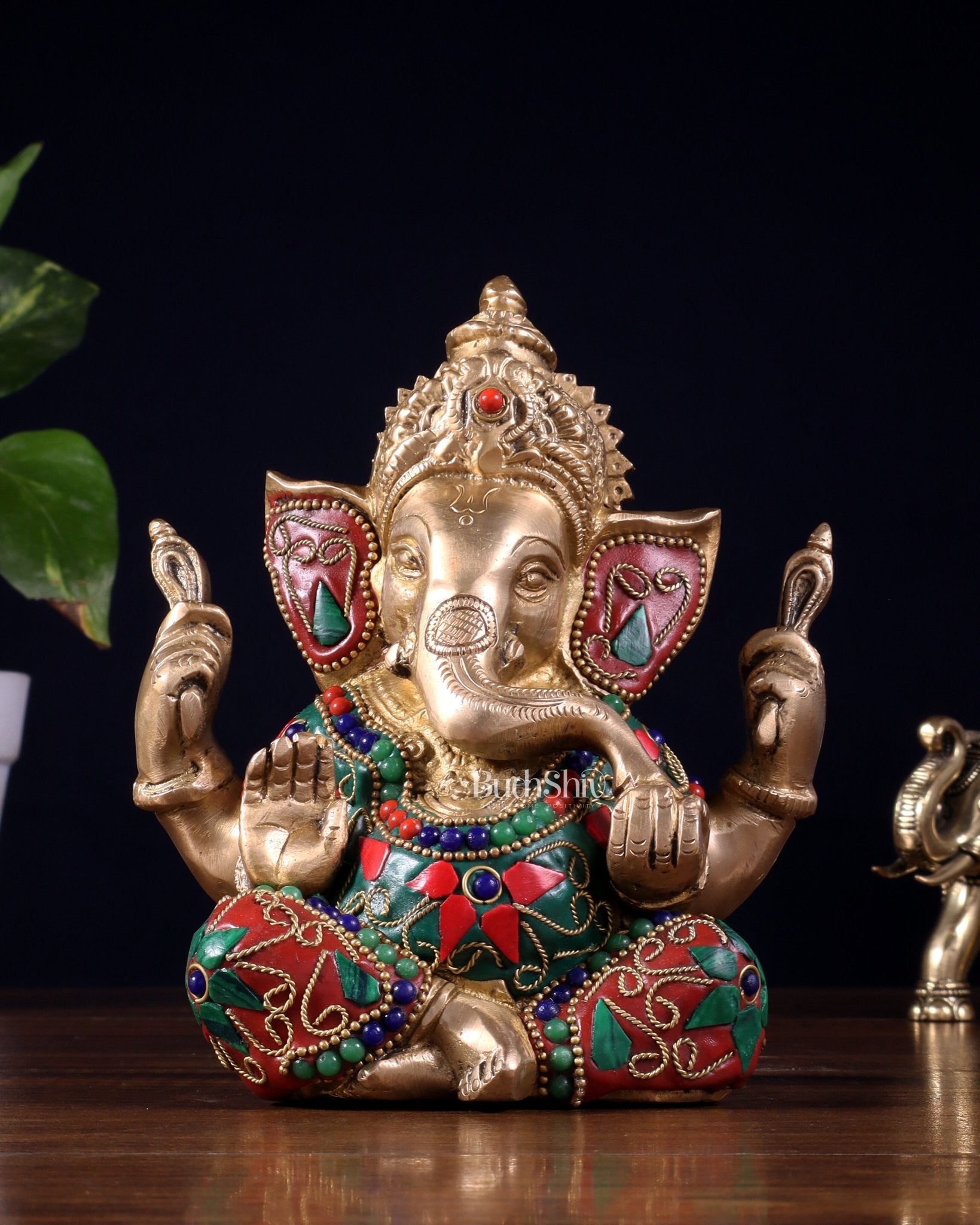 Taj Ganesha Brass Sculpture with floral stonework 6" - Budhshiv.com