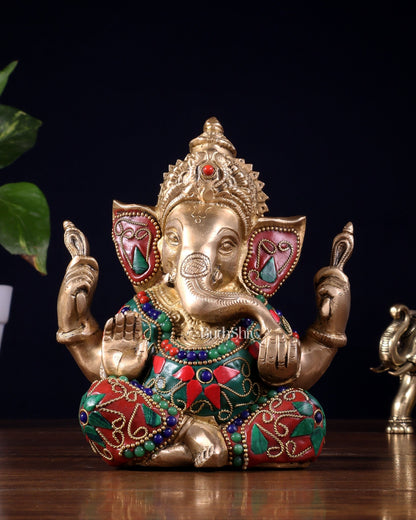 Taj Ganesha Brass Sculpture with floral stonework 6" - Budhshiv.com
