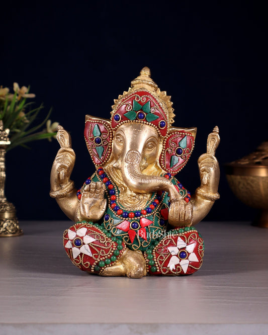 Taj Ganesha Brass Sculpture with floral stonework 6" - Budhshiv.com