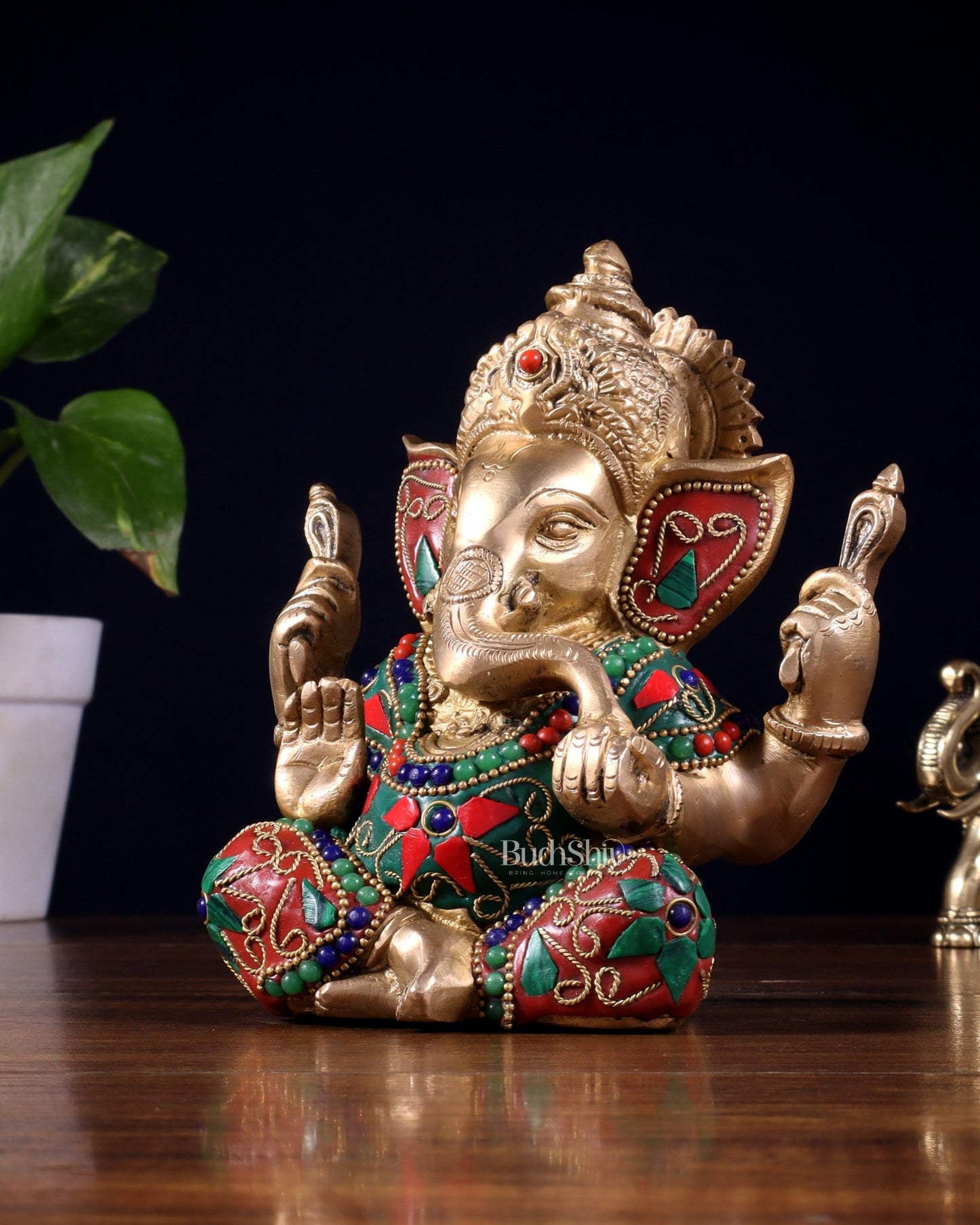 Taj Ganesha Brass Sculpture with floral stonework 6" - Budhshiv.com