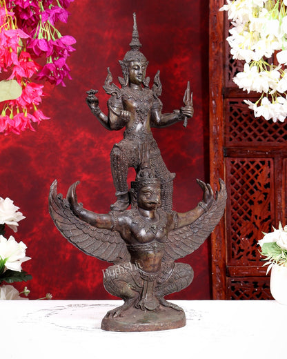 Thai Bronze Vishnu Standing on Flying Garuda Sculpture 20 inch - Budhshiv.com