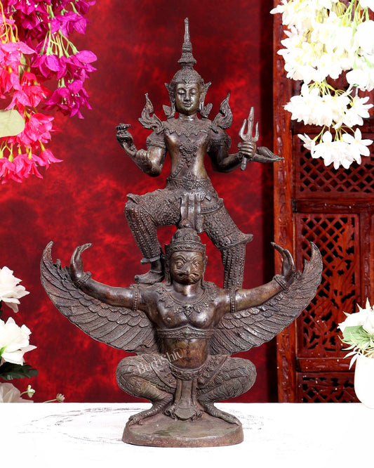 Thai Bronze Vishnu Standing on Flying Garuda Sculpture 20 inch - Budhshiv.com