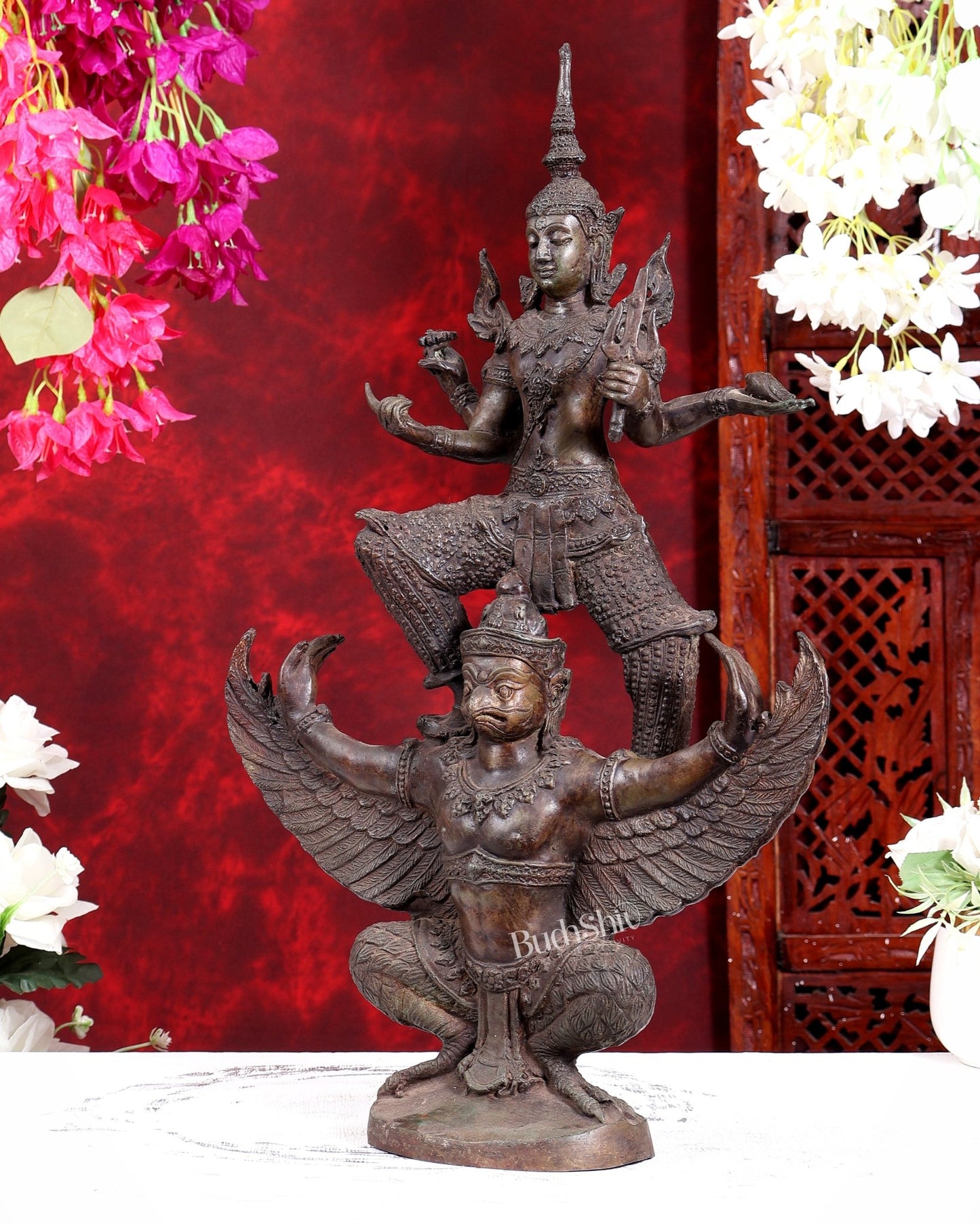 Thai Bronze Vishnu Standing on Flying Garuda Sculpture 20 inch - Budhshiv.com