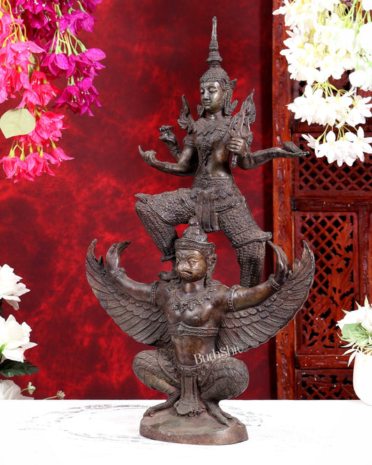 Thai Bronze Vishnu Standing on Flying Garuda Sculpture 20 inch - Budhshiv.com