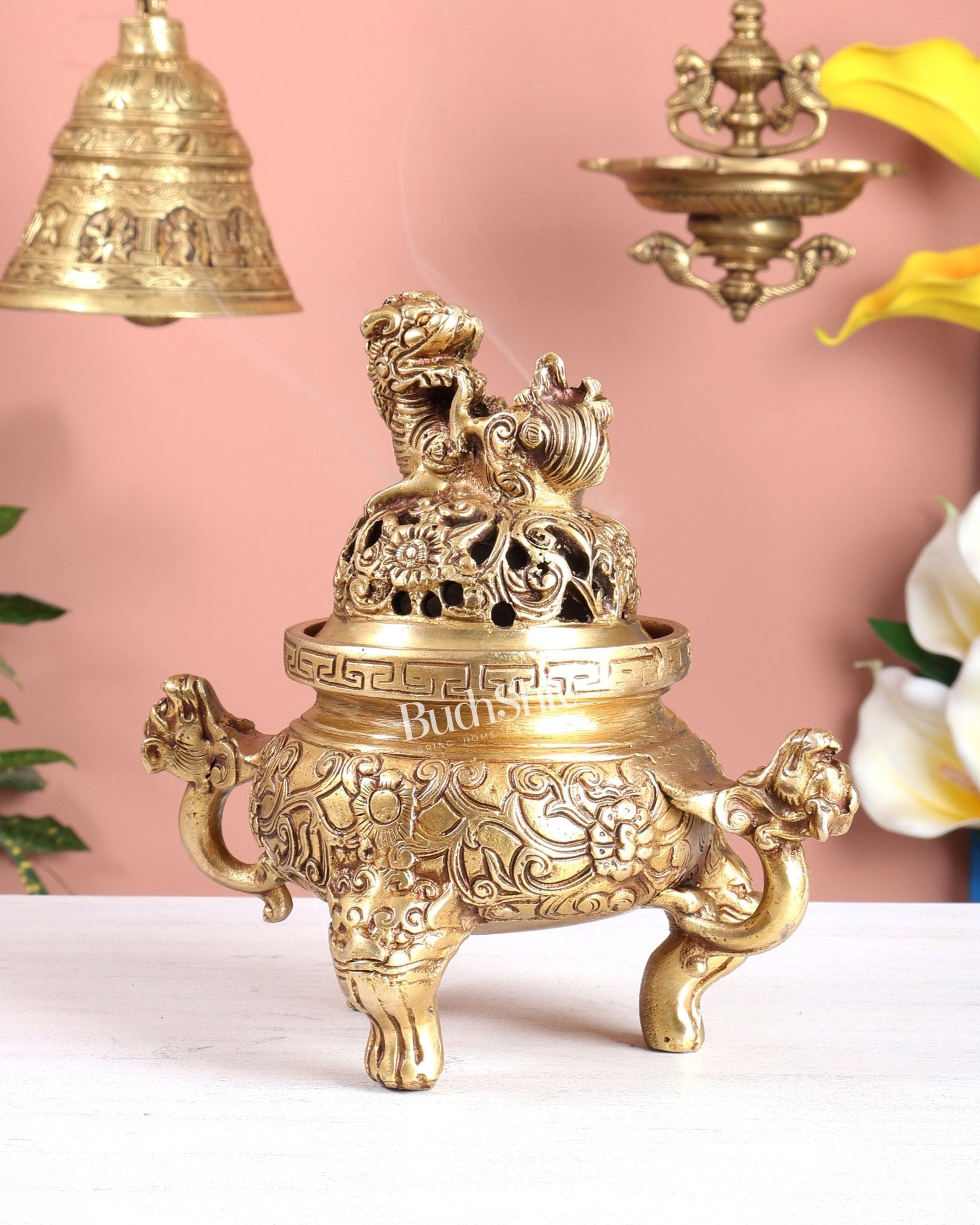 Tibetan Brass Dhoop Burner with Dragon & Snow Lion Design – Loban Daani Incense Holder 8" - Budhshiv.com
