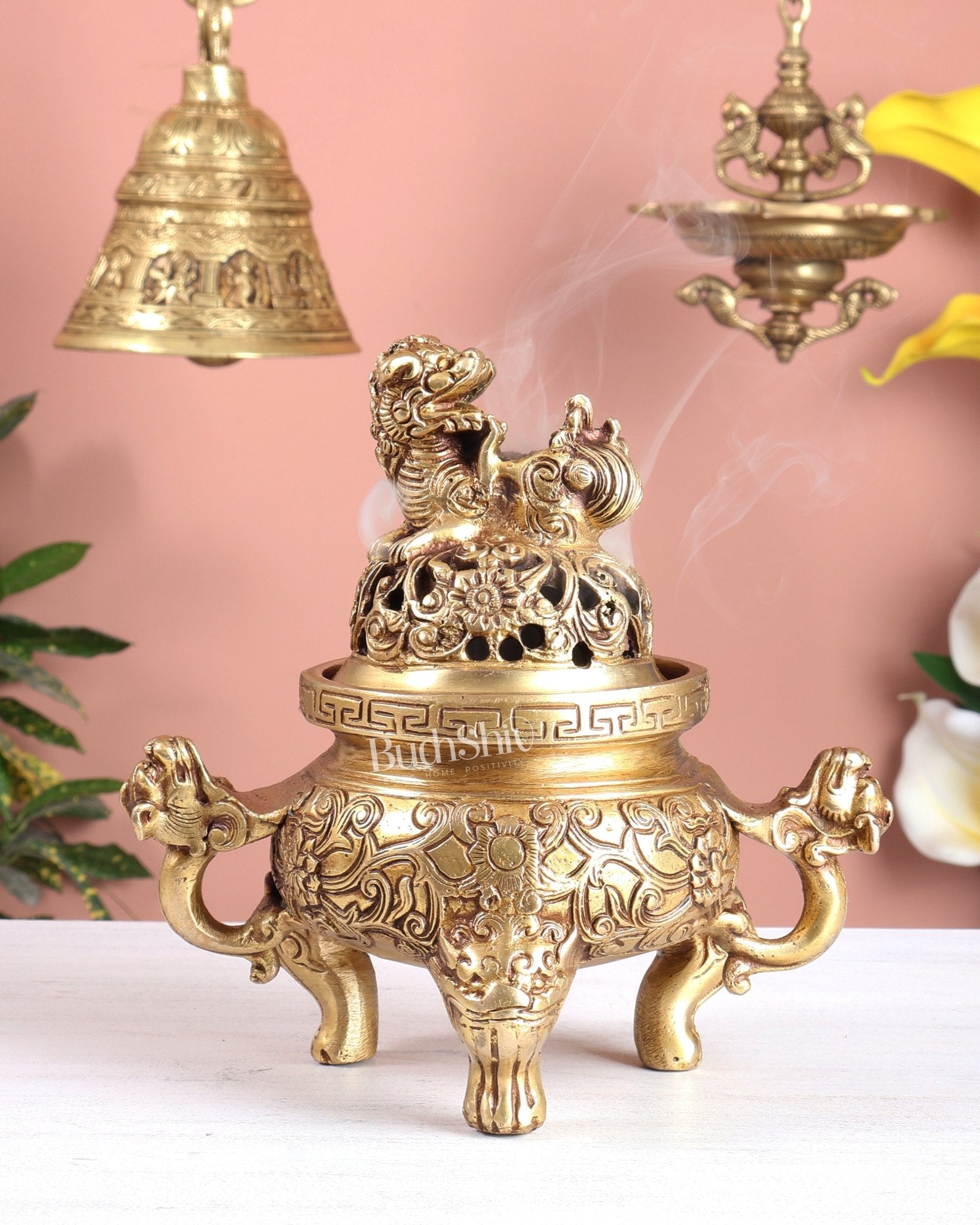 Tibetan Brass Dhoop Burner with Dragon & Snow Lion Design – Loban Daani Incense Holder 8" - Budhshiv.com