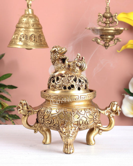 Tibetan Brass Dhoop Burner with Dragon & Snow Lion Design – Loban Daani Incense Holder 8" - Budhshiv.com