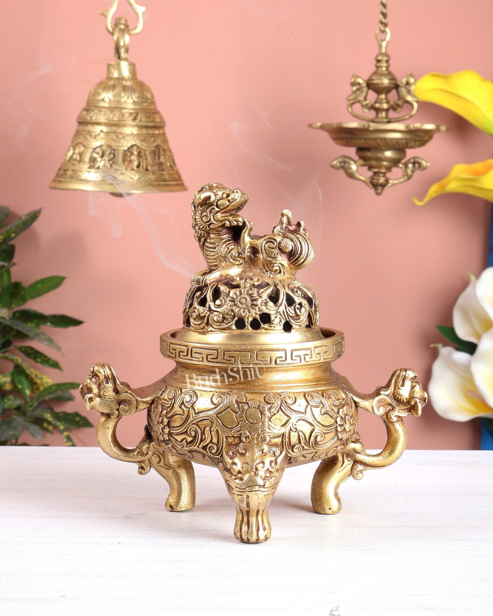 Tibetan Brass Dhoop Burner with Dragon & Snow Lion Design – Loban Daani Incense Holder 8" - Budhshiv.com