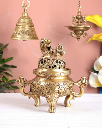 Tibetan Brass Dhoop Burner with Dragon & Snow Lion Design – Loban Daani Incense Holder 8" - Budhshiv.com