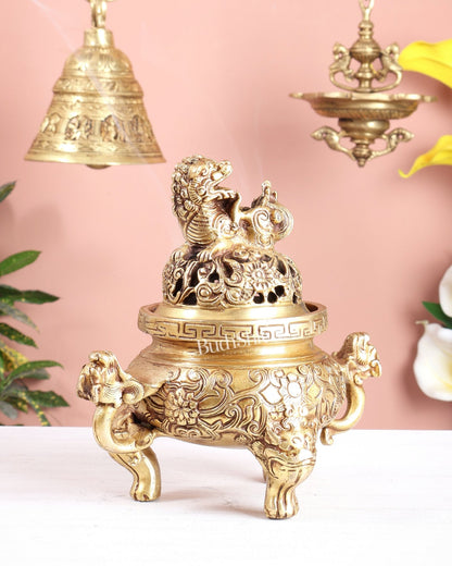 Tibetan Brass Dhoop Burner with Dragon & Snow Lion Design – Loban Daani Incense Holder 8" - Budhshiv.com