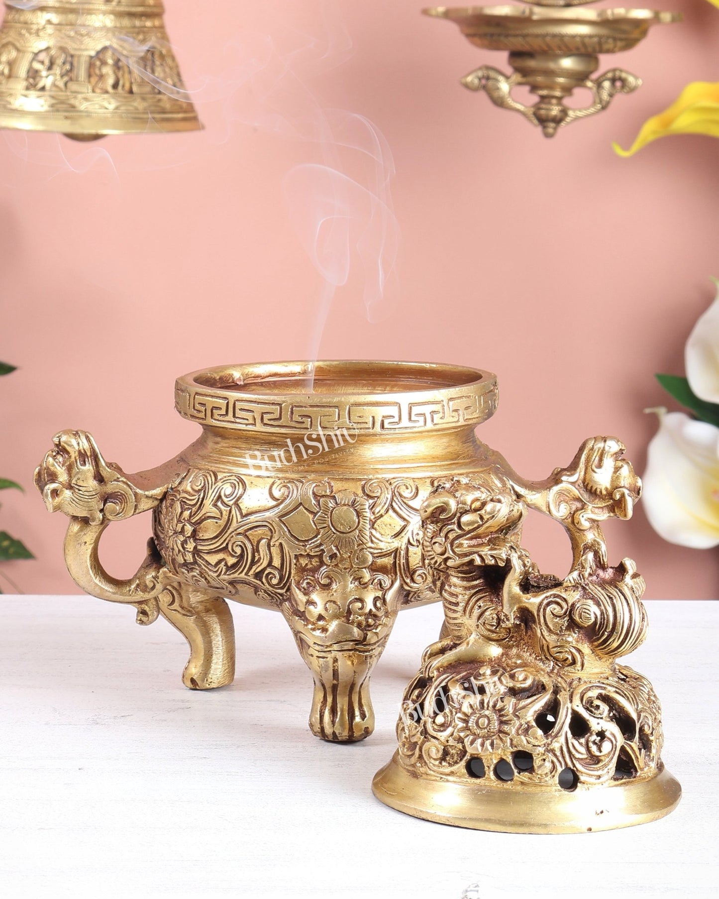 Tibetan Brass Dhoop Burner with Dragon & Snow Lion Design – Loban Daani Incense Holder 8" - Budhshiv.com