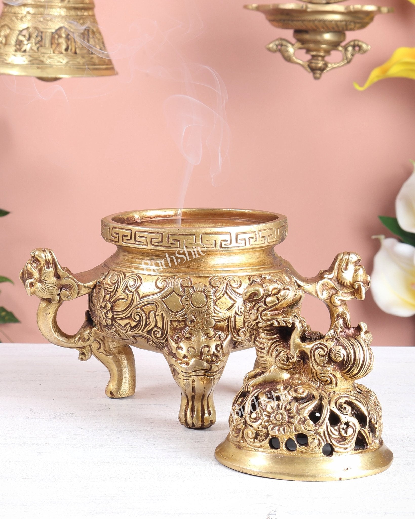 Tibetan Brass Dhoop Burner with Dragon & Snow Lion Design – Loban Daani Incense Holder 8" - Budhshiv.com