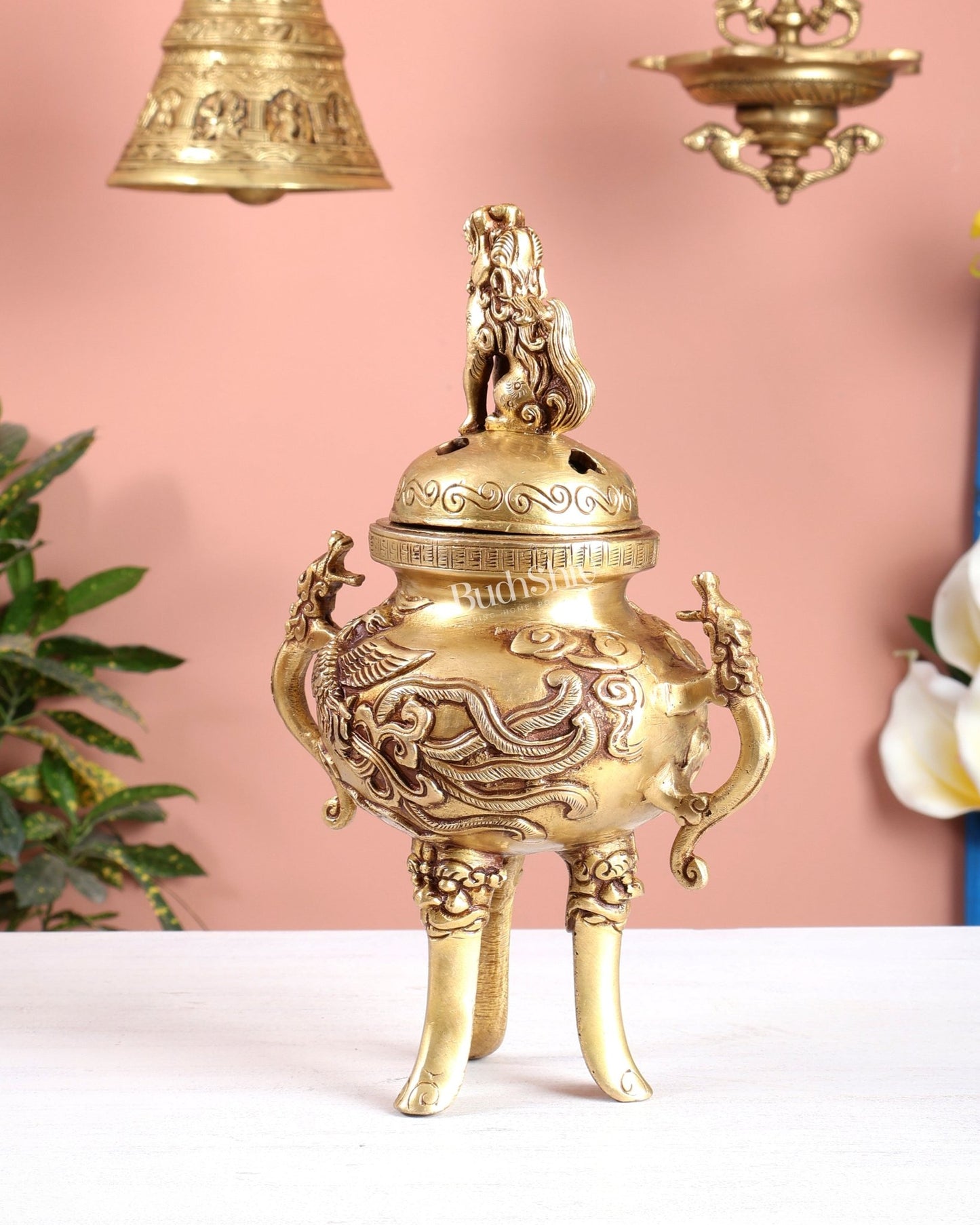Tibetan Brass Dhoop Burner with Dragon & Snow Lion Design – Loban Daani Incense Holder 9.5" - Budhshiv.com