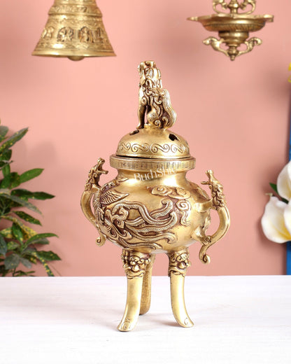 Tibetan Brass Dhoop Burner with Dragon & Snow Lion Design – Loban Daani Incense Holder 9.5" - Budhshiv.com