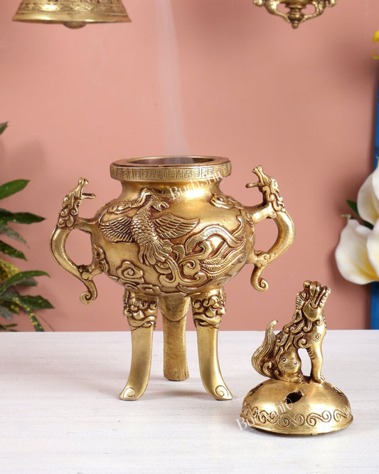 Tibetan Brass Dhoop Burner with Dragon & Snow Lion Design – Loban Daani Incense Holder 9.5" - Budhshiv.com